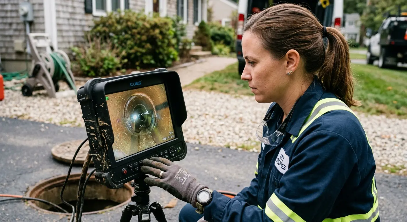 Technician reviewing sewer camera inspection footage in Catonsville