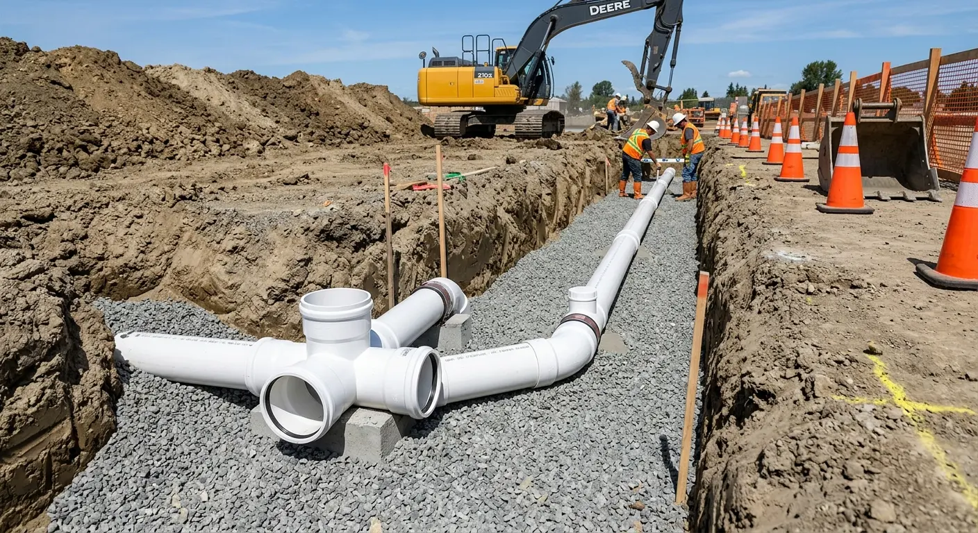 New PVC sewer pipe installation in open trench for Commercial Drain Cleaning in Catonsville