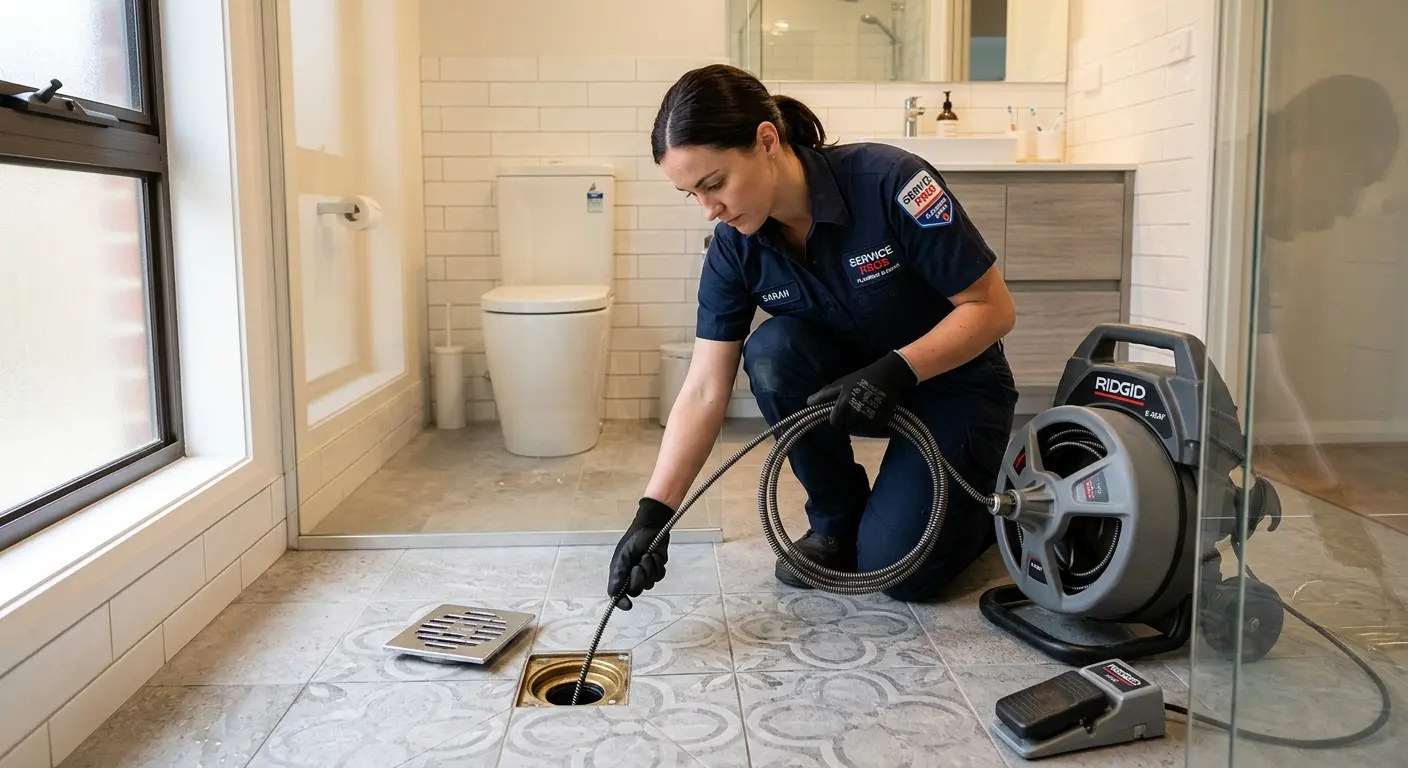 Technician clearing a bathroom floor drain for Clogged Drain Repair in Catonsville